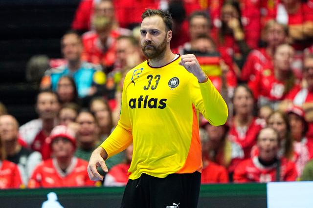 Germany's goalkeeper #33 Andreas Wolff reacts during the men's EHF Euro 2026 main round handball match Germany vs Denmark in Herning, Denmark, on January 26, 2026. (Photo by Bo Amstrup / Ritzau Scanpix / AFP) / Denmark OUT