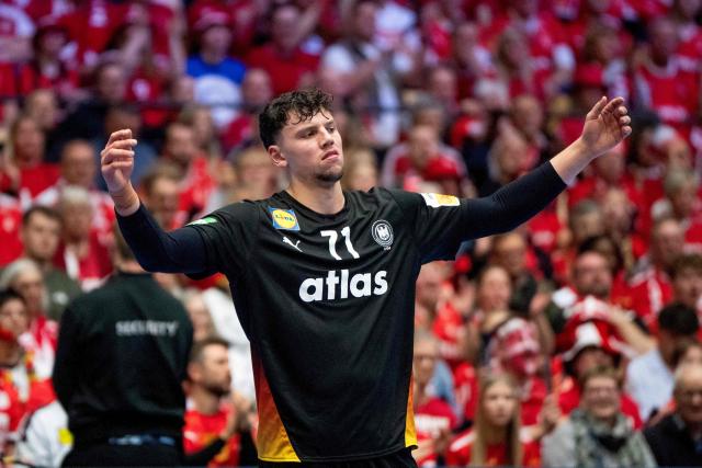 Germany's left back #71 Marko Grgic reacts during the men's EHF Euro 2026 main round handball match between Germany and Denmark at the at Jyske Bank Boxen Arena in Herning, Denmark, on January 26, 2026. (Photo by Bo Amstrup / Ritzau Scanpix / AFP) / Denmark OUT