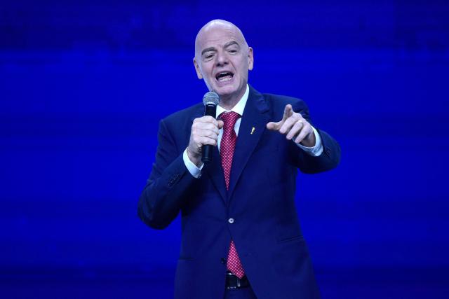 FIFA President Gianni Infantino speaks during a commemorative event marking the 10th anniversary of CONMEBOL President Alejandro Dominguez's work as the head of the South American Football Confederation in Luque, Paraguay on January 26, 2026. (Photo by Daniel DUARTE / AFP)
