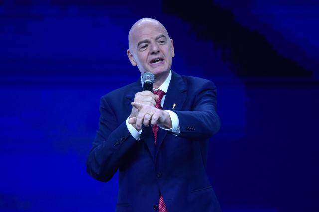 FIFA President Gianni Infantino speaks during a commemorative event marking the 10th anniversary of CONMEBOL President Alejandro Dominguez's work as the head of the South American Football Confederation in Luque, Paraguay on January 26, 2026. (Photo by Daniel DUARTE / AFP)