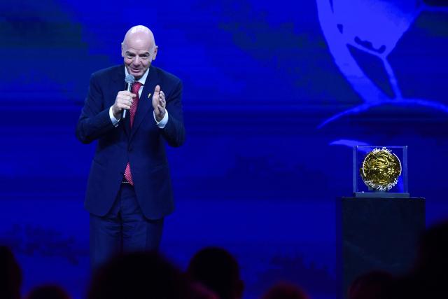 FIFA President Gianni Infantino speaks during a commemorative event marking the 10th anniversary of CONMEBOL President Alejandro Dominguez's work as the head of the South American Football Confederation in Luque, Paraguay on January 26, 2026. (Photo by Daniel DUARTE / AFP)
