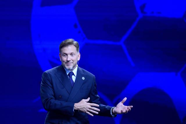 CONMEBOL President Alejandro Dominguez speaks during a commemorative event marking the 10th anniversary of his work as the head of the South American Football Confederation in Luque, Paraguay on January 26, 2026. (Photo by Daniel DUARTE / AFP)