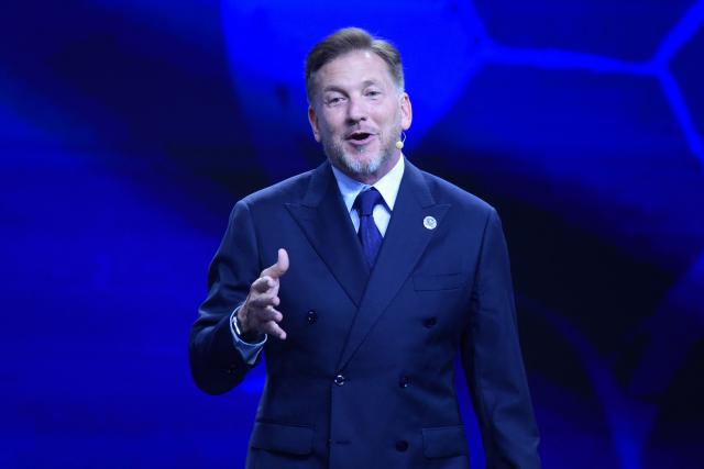 CONMEBOL President Alejandro Dominguez speaks during a commemorative event marking the 10th anniversary of his work as the head of the South American Football Confederation in Luque, Paraguay on January 26, 2026. (Photo by Daniel DUARTE / AFP)