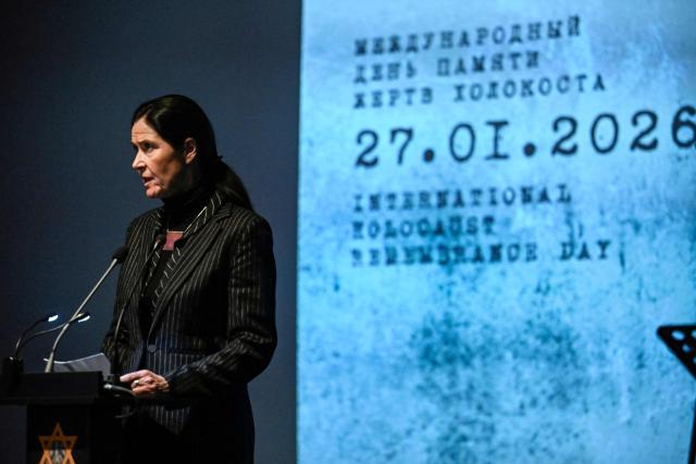 Anke Holstein, adviser at the German Embassy in Russia, gives a speech during a ceremony marking International Holocaust Remembrance Day at the Jewish Museum and Tolerance Centre in Moscow on January 27, 2026. (Photo by Alexander NEMENOV / AFP)