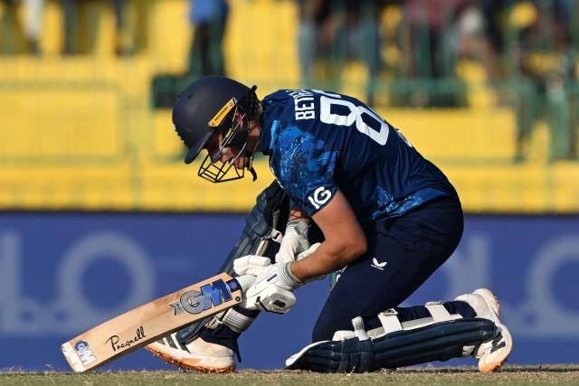 England's Jacob Bethell reacts after his dismissal during during the third one-day international (ODI) cricket match between Sri Lanka and England at the R. Premadasa International Cricket Stadium in Colombo on January 27, 2026. (Photo by Ishara S. KODIKARA / AFP)