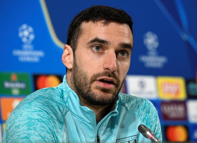 Athletic Bilbao's Spanish defender #15 Inigo Lekue gives a press conference on the eve of the UEFA Champions League, League Phase - Match day 8, football match between Athletic Club Bilbao and Sporting CP at the San Mames stadium in Bilbao on January 27, 2026. (Photo by ANDER GILLENEA / AFP)