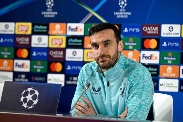 Athletic Bilbao's Spanish defender #15 Inigo Lekue gives a press conference on the eve of the UEFA Champions League, League Phase - Match day 8, football match between Athletic Club Bilbao and Sporting CP at the San Mames stadium in Bilbao on January 27, 2026. (Photo by ANDER GILLENEA / AFP)