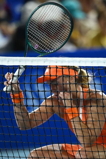 France's Leolia Jeanjean reacts after losing a point against Germany's Tatjana Maria during their women's singles match at the Philippine Women's Open tennis tournament in Manila on January 27, 2026. (Photo by Ted ALJIBE / AFP)