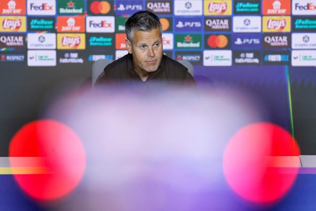 Bodoe/Glimt's Norwegian coach Kjetil Knutsen attends a press conference on the eve of the UEFA Champions League, League phase matchday 8 match between Club Atletico de Madrid and Bodoe/Glimt at the Metropolitano stadium in Madrid on January 27, 2026. (Photo by Oscar DEL POZO / AFP)