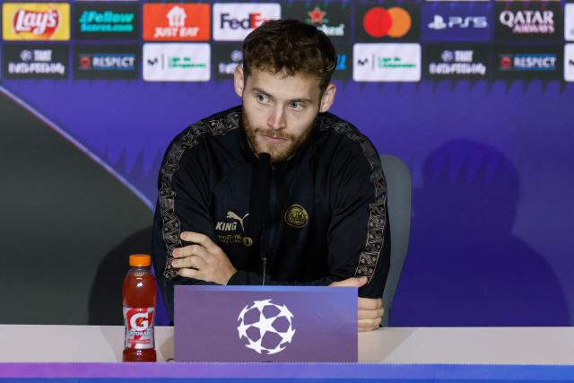 Bodoe/Glimt's Norwegian forward #11 Ole Didrik Blomberg attends a press conference on the eve of the UEFA Champions League, League phase matchday 8 match between Club Atletico de Madrid and Bodoe/Glimt at the Metropolitano stadium in Madrid on January 27, 2026. (Photo by Oscar DEL POZO / AFP)