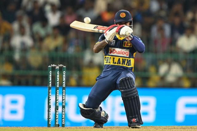 Sri Lanka's Kusal Mendis plays a shot during the third one-day international (ODI) cricket match between Sri Lanka and England at the R. Premadasa International Cricket Stadium in Colombo on January 27, 2026. (Photo by Ishara S. KODIKARA / AFP)
