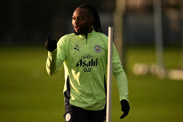 Manchester City's Ghanaian midfielder #42 Antoine Semenyo reacts as he takes part in a training session at the Etihad Campus training ground in Manchester, north-west England, on January 27, 2026, on the eve of their UEFA Champions League, league stage football match against Galatasaray. (Photo by Oli SCARFF / AFP)