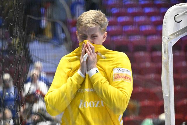 Iceland's goalkeeper #16 Viktor Hallgrimsson reacts after the men's EHF Euro 2026 main round handball match Switzerland v Iceland in Malmoe, Sweden, on January 27, 2026. (Photo by Johan Nilsson/TT / TT News Agency / AFP) / Sweden OUT