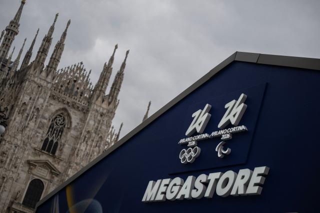 A picture shows a part of the Milano Cortina 2026 Olympic Games megastore at Piazza Duomo ahead of the Milano Cortina 2026 Olympic Games, in Milan on January 27, 2026. (Photo by MARCO BERTORELLO / AFP)