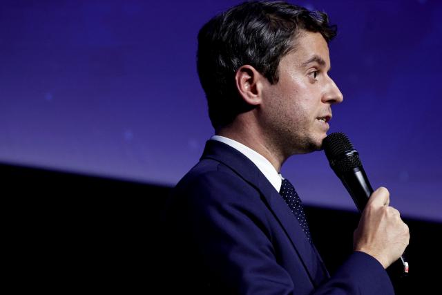 President of Ensemble Pour la Republique parliamentary group Gabriel Attal delivers a speech during a meeting as part of the French 2027 presidential election in Paris on January 27, 2026. (Photo by STEPHANE DE SAKUTIN / AFP)