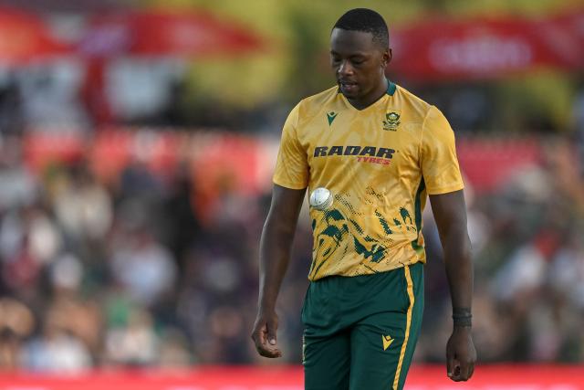 South Africa's Kagiso Rabada watches the ball during the first Twenty20 international cricket match between South Africa and West Indies at Boland Park in Paarl on January 27, 2026. (Photo by RODGER BOSCH / AFP)