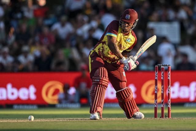 West Indies' Shimron Hetmyer prepares to play a shot during the first Twenty20 international cricket match between South Africa and West Indies at Boland Park in Paarl on January 27, 2026. (Photo by RODGER BOSCH / AFP)