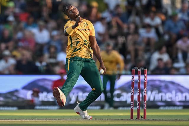 South Africa's Kwena Maphaka delivers a ball during the first Twenty20 international cricket match between South Africa and West Indies at Boland Park in Paarl on January 27, 2026. (Photo by RODGER BOSCH / AFP)