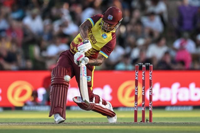 West Indies' Shimron Hetmyer plays a shot during the first Twenty20 international cricket match between South Africa and West Indies at Boland Park in Paarl on January 27, 2026. (Photo by RODGER BOSCH / AFP)