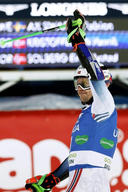 Norway's Henrik Kristoffersen reacts after competing in the second run of the men's Giant Slalom event of FIS Alpine Skiing World Cup in Schladming, Austria, on January 27, 2026. (Photo by ERWIN SCHERIAU / APA / AFP) / Austria OUT
