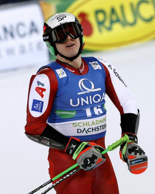 Austria's Raphael Haaser reacts after competing in the second run of the men's Giant Slalom event of FIS Alpine Skiing World Cup in Schladming, Austria, on January 27, 2026. (Photo by ERWIN SCHERIAU / APA / AFP) / Austria OUT