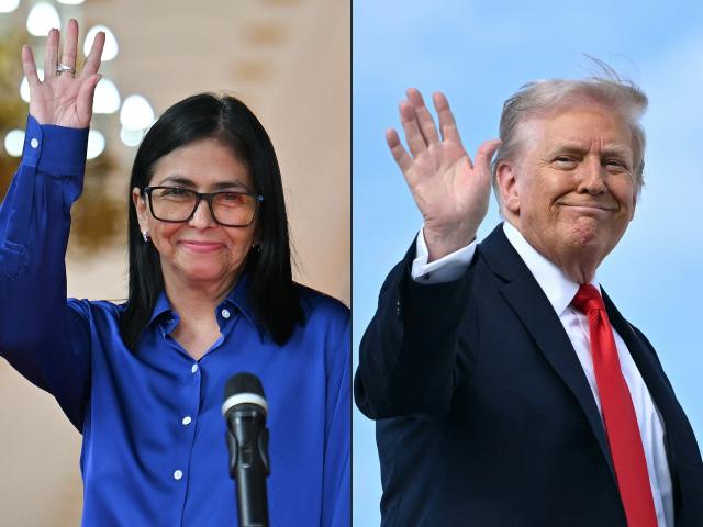(FILES) (COMBO) This combination of pictures created on January 21, 2026 shows Venezuela's interim President Delcy Rodriguez waves after a press conference at the Miraflores Presidential Palace in Caracas on January 14, 2026, and US President Donald Trump waves as he boards Air Force One at Joint Base Andrews, Maryland, on September 11, 2025. On January 27, 2026, the interim president of Venezuela, Delcy Rodriguez, reported that the United States has begun to unfreeze the country's frozen funds as part of a ‘working agenda’ with the government of President Donald Trump. (Photo by Juan BARRETO and Mandel NGAN / AFP)