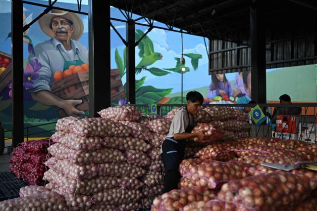 (FILES) A fruit and vegetable vendor works at the new food supply center on the day of its inauguration in Soyapango, El Salvador, on October 30, 2024. Most Salvadorans believe that their personal finances have deteriorated due to the cost of living in the country, to the point that it is now their greatest concern, ahead of security, according to a survey released on January 27, 2026. (Photo by Marvin RECINOS / AFP)