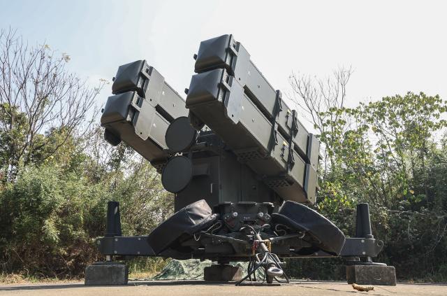 An AIM-7 Sparrow Launcher is seen at Chiayi Air Base, in Chiayi on January 28, 2026. (Photo by I-Hwa Cheng / AFP)