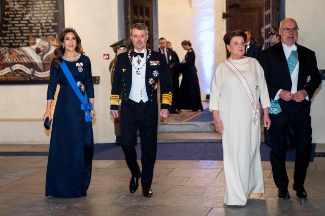 King Frederik X of Denmark (2ndL) Queen Mary of Denmark and Estonia's President, Alar Karis (R) , with First Lady Sirje Karis arrive for a state banquet with a concert at St. Nicholas Church in Tallinn, on January 27, 2026. The royal couple is on a state visit to Estonia from January 27-28, 2026. The visit particularly focuses on digital resilience and cybersecurity. (Photo by Ida Marie Odgaard / Ritzau Scanpix / AFP) / Denmark OUT