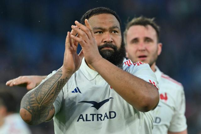 (FILES) France's prop Uini Atonio celebrates after winning the Six Nations international rugby union match between Italy and France at the Stadio Olimpico, in Rome, on February 23, 2025. La Rochelle and France XV prop Uini Atonio “will not be able to continue his playing career” after being hospitalized on January 27, 2026 for a heart attack, Stade Rochelais announced. (Photo by Andreas SOLARO / AFP)
