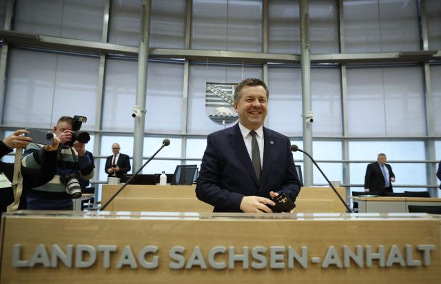 Sven Schulze, Saxony-Anhalt's incoming State Premier, poses inside Saxony-Anhalt's State Parliament, on January 28, 2026 in Magdeburg, eastern Germany, prior to the election of the new regional leader. After roughly 15 years in office, Saxony-Anhalt's outgoing State Premier Reiner Haseloff  will not run in Saxony-Anhalt's state elections scheduled on September 6, 2026. (Photo by Ronny HARTMANN / AFP)