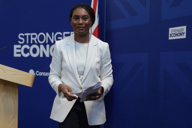Britain's main opposition Conservative Party leader Kemi Badenoch leaves the podium after speaking at a party event in central London on January 28, 2026. (Photo by CARLOS JASSO / AFP)