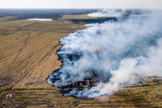 TOPSHOT - This aerial picture shows a burning field in Nakhon Nayok province, on the outskirts of Bangkok on January 28, 2026. (Photo by Arnun Chonmahatrakool / THAI NEWS PIX / AFP)