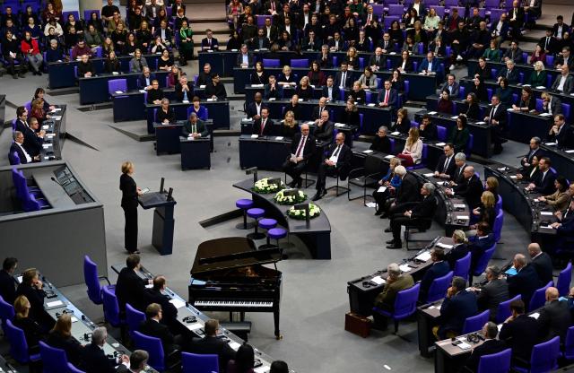 President of the Bundestag (lower house of parliament) Julia Kloeckner (L) addresses delegates and state authorities during a commemoration for the Victims of National Socialism at the Bundestag (lower house of parliament) on January 28, 2026 in Berlin. The International Holocaust Remembrance Day takes place every year on January 27, the anniversary of the Red Army's liberation of the Auschwitz-Birkenau Nazi concentration camp. The day commemorates the six million Jewish people murdered during the Holocaust, and the millions more murdered under Nazi persecution. (Photo by Tobias SCHWARZ / AFP)