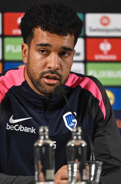 KRC Genk's Austrian goalkeeper #26 Tobias Lawal speaks during a press conference on the eve of the UEFA Europa League, league phase, day 8, football match between KRC Genk and Malmo FF, in Genk on January 28, 2026. (Photo by Johan Eyckens / Belga / AFP) / Belgium OUT