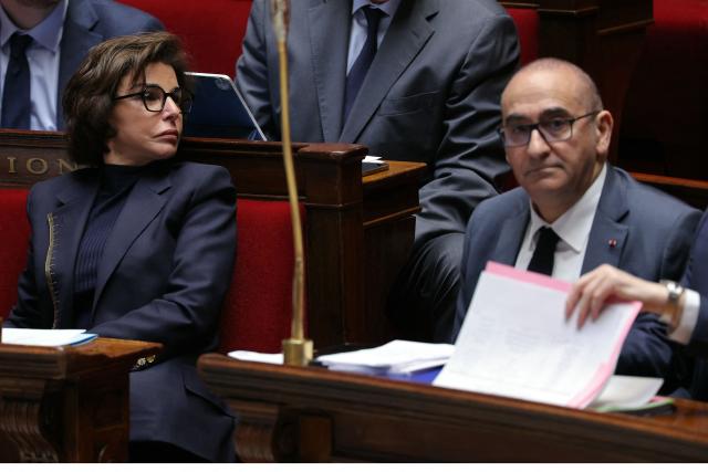 France's Culture Minister Rachida Dati (L) and France's Interior Minister Laurent Nunez attend a session of questions to the government at The National Assembly, France's lower house parliament, in Paris on January 28, 2026. (Photo by Thomas SAMSON / AFP)