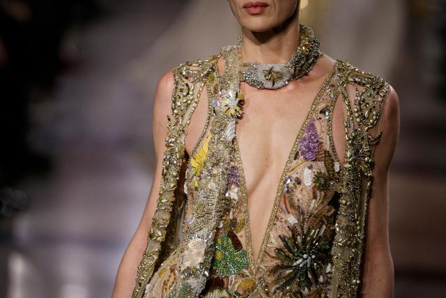 A model presents a creation by Elie Saab for the Women's Haute Couture Spring/Summer 2026 collection fashion show as part of the Paris Haute Couture Fashion Week, in Paris, on January 28, 2026. (Photo by GEOFFROY VAN DER HASSELT / AFP)