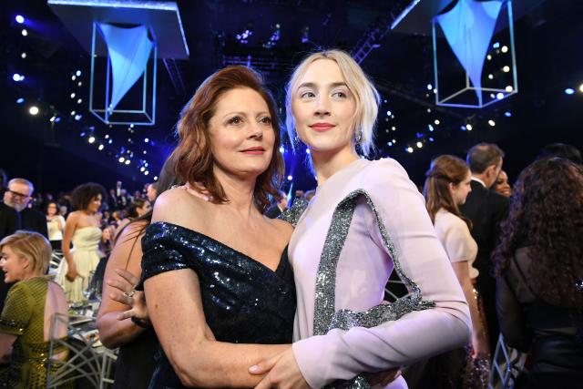 (FILES) Actors Susan Sarandon (L) and Saoirse Ronan attend the 24th Annual Screen Actors Guild Awards show at The Shrine Auditorium on January 21, 2018 in Los Angeles, California. Hollywood star Susan Sarandon will receive the international prize at Spain's top film awards, the Spanish Cinema Academy announced on January 28, 2026. The Oscar-winning US actor, 79, will be honoured at the 40th Goya awards in Barcelona on February 28 for representing "the perfect combination of talent and professional success, glamour, and social and political commitment", the Academy said in a statement. (Photo by Valerie MACON / AFP)