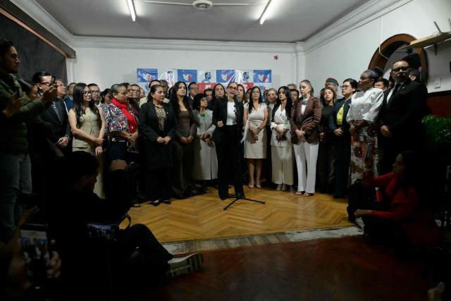 Ecuador's former presidential candidate Luisa Gonzalez speaks during a press conference in Quito on January 28, 2025. Ecuador's Prosecutor's Office reported on January 28 that it is investigating alleged financing from Venezuela for the presidential campaign of leftist former candidate Luisa Gonzalez in the elections won by Daniel Noboa. (Photo by Rodrigo BUENDIA / AFP)