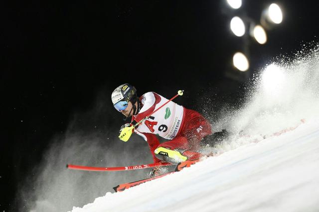 Austria's Manuel Feller competes during the first run of the men's Slalom event of FIS Alpine Skiing World Cup in Schladming, Austria, on January 28, 2026. (Photo by ERWIN SCHERIAU / APA / AFP) / Austria OUT