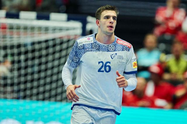Portugal's right back #26 Francisco Costa reacts during the men's EHF Euro 2026 main round handball match Spain vs Portugal in Herning, Denmark, on January 28, 2026. (Photo by Thomas Traasdahl / Ritzau Scanpix / AFP) / Denmark OUT