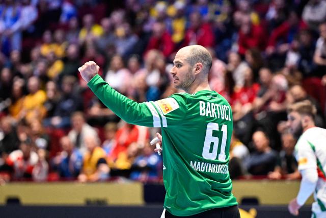 Hungary's goalkeeper #61 Laszlo Bartucz celebrates during the men's EHF Euro 2026 main round handball match Croatia v Hungary in Malmoe, Sweden, on January 28, 2026. (Photo by Johan NILSSON / TT NEWS AGENCY / AFP) / Sweden OUT