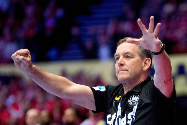 Germany's coach Alfred Gislason reacts during the men's EHF Euro 2026 main round handball match Germany vs France in Herning, Denmark, on January 28, 2026. (Photo by Bo Amstrup / Ritzau Scanpix / AFP) / Denmark OUT