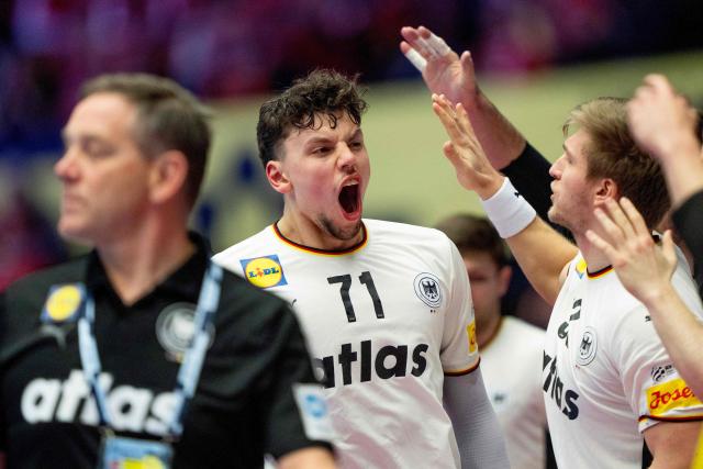 Germany's left back #71 Marko Grgic reacts after scoring during the men's EHF Euro 2026 main round handball match Germany vs France in Herning, Denmark, on January 28, 2026. (Photo by Bo Amstrup / Ritzau Scanpix / AFP) / Denmark OUT