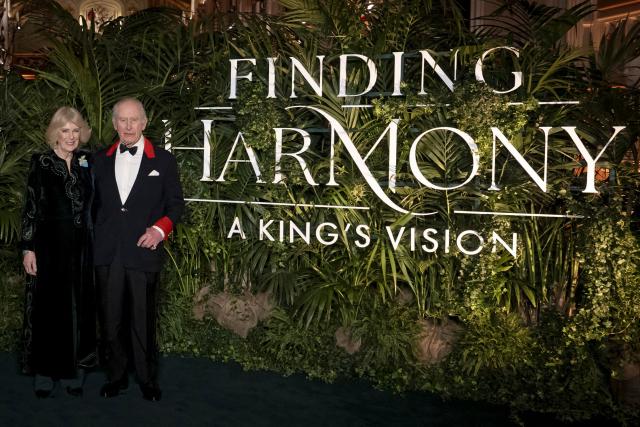 Britain's King Charles III and Britain's Queen Camilla pose upon arrival to attend the premiere of Prime Video's Finding Harmony: A King's Vision, at Windsor Castle in Windsor, on January 28, 2026. (Photo by Aaron Chown / POOL / AFP)