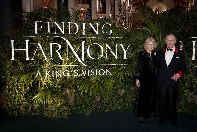 Britain's King Charles III and Britain's Queen Camilla pose upon arrival to attend the premiere of Prime Video's Finding Harmony: A King's Vision, at Windsor Castle in Windsor, on January 28, 2026. (Photo by Aaron Chown / POOL / AFP)