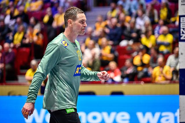 Sweden's goalkeeper #12 Andreas Palicka reacts during the men's EHF Euro 2026 main round handball match Switzerland v Sweden in Malmoe, Sweden, on January 28, 2026. (Photo by Johan NILSSON / TT NEWS AGENCY / AFP) / Sweden OUT