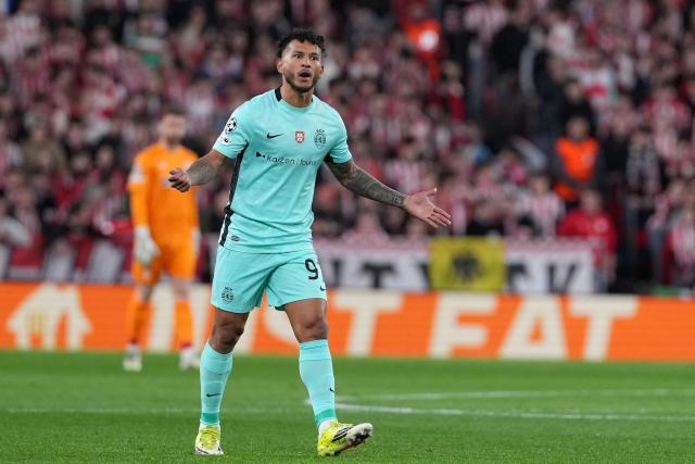 Sporting Lisbon's Colombian forward #97 Luis Suarez reacts during the UEFA Champions League league phase day 8 football match between Athletic Club Bilbao and Sporting CP at San Mames Stadium in Bilbao on January 28, 2026. (Photo by Cesar MANSO / AFP)