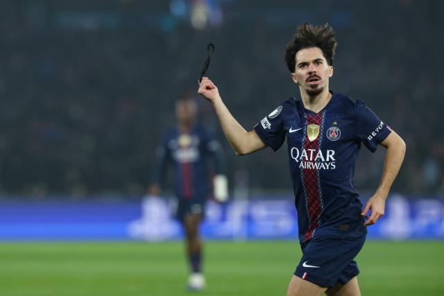 Paris Saint-Germain's Portuguese midfielder #17 Vitinha  celebrates after scoring the opening goal during the UEFA Champions League - League phase, Matchday 8 - football match between Paris Saint-Germain (PSG) and Newcastle United FC at the Parc des Princes stadium in Paris on January 28, 2026. (Photo by ALAIN JOCARD / AFP)