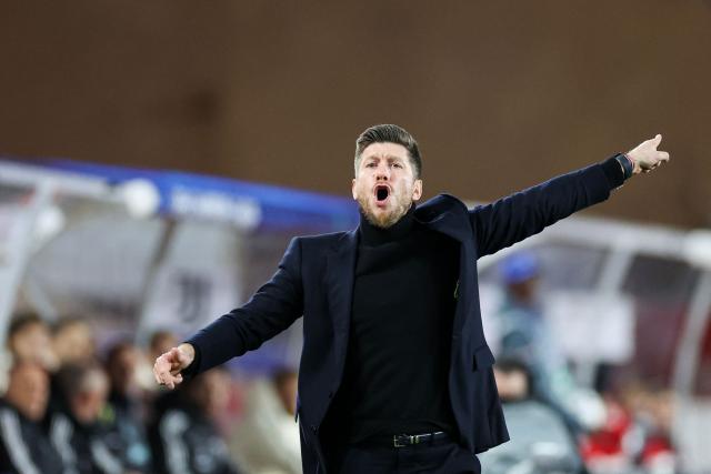 Monaco's Belgian coach Sebastien Pocognoli gestures during the UEFA Champions League league phase day 8 football match between AS Monaco and Juventus at the Stade Louis II in the Principality of Monaco on January 28, 2026. (Photo by Valery HACHE / AFP)